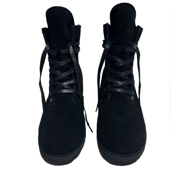 BearPaw Krista Cow Suede Wool Lined Boots Black Winter Boots Sheepskin Footbed - Picture 3 of 14